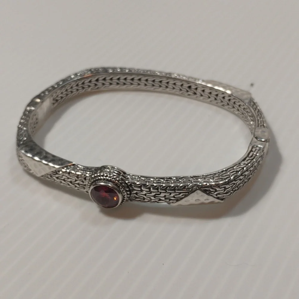 Sarda 925 Sterling Silver Bali Made Bangle Cuff With Brilliant Fire Gemstone - Picture 3 of 9